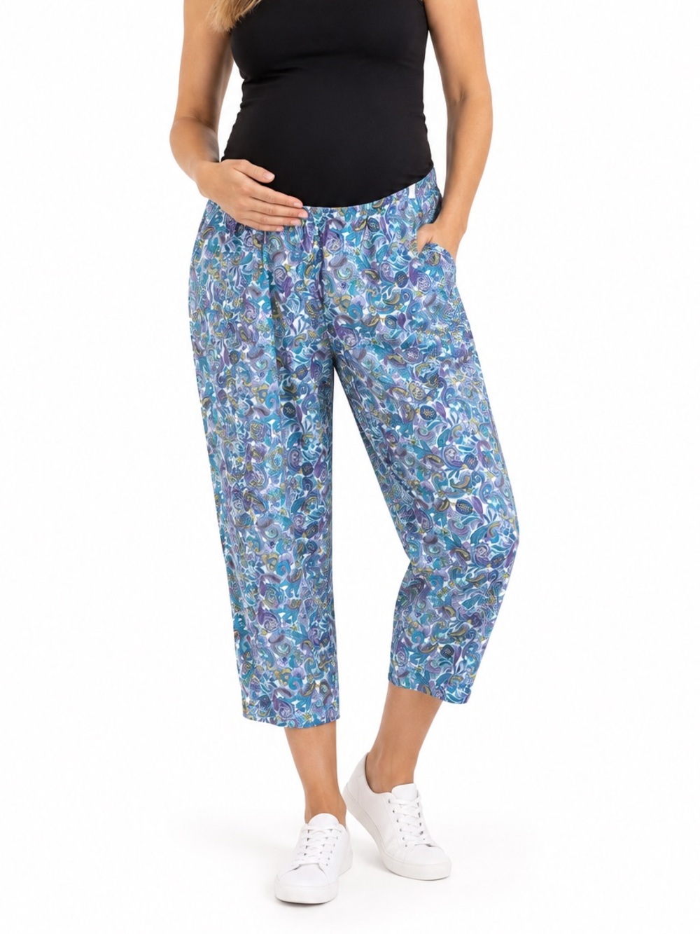 In Due Time Maternity Paisley Capri Cotton Pants Size Large Blue Purple